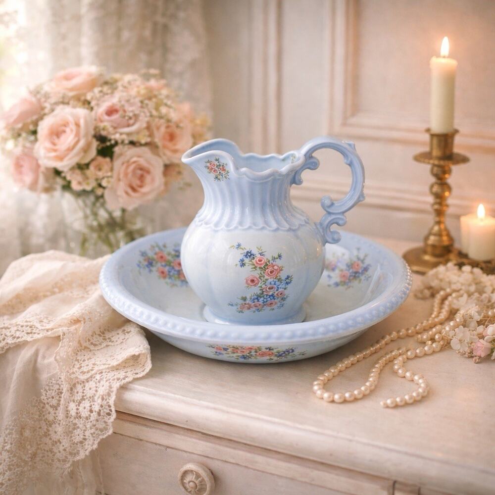 Vintage Arnels 1975 Blue Floral Wash Basin & Pitcher Set Cottagecore Victorian